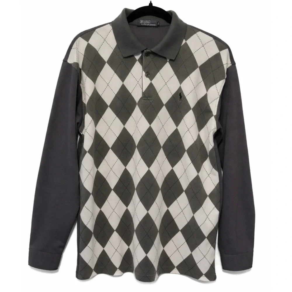 Polo Ralph Lauren Mens XXL Gray Argyle Long Sleeve Cotton Pique‎ Polo Shirt Rare